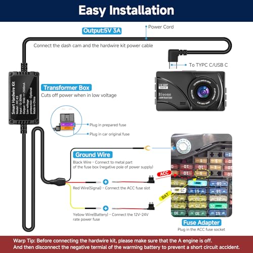 Image of Upgraded Dash Cam Hardwire Kit,11.5ft Acc Hardwire Kit for Dash Camera Type C 3-Lead Hard Wire Kit 12V-24V to 5V Hard Wire Kit W /Low Voltage Protection for Dashcam GPS Radar Detectors and More