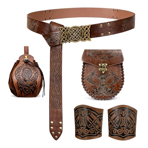 Wikinger Gürtel Damen Herren Mittelalter Gürteltasche Geprägte Kunstleder mit Manschette Armband & Lederbeutel Mittelalter Ritter Zubehör braun