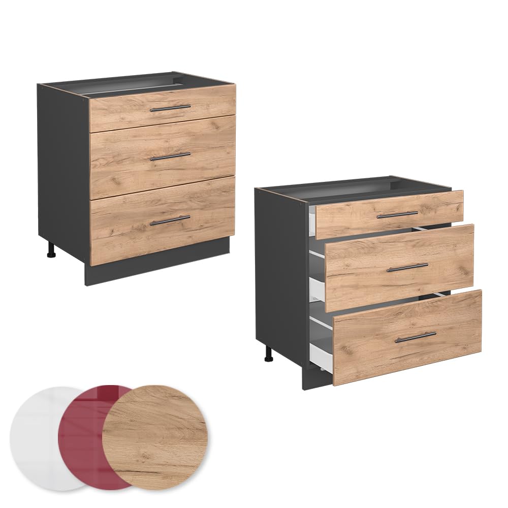 Vicco Mueble bajo de Cocina Fame-Line, Roble Dorado, 80 cm con 3 cajones, sin encimera, para Combinar con Otros módulos de la Serie Fame-Line