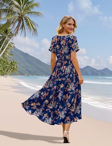 Image of YESNO Women's Summer Maxi Dresses Casual Floral Short Sleeve V Neck Boho Beach Vacation Swing Dress with Pockets EVF