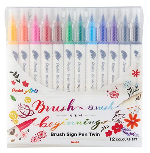Pentel Arts Brush Sign Pen Twin SESW30C Pochette de 12 feutres pinceau bi-pointe, Pointe large et fine, Acquarellable, Couleurs assorties