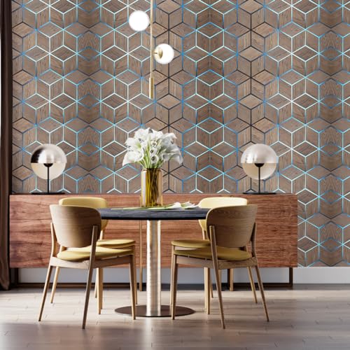 Image of DWELLSINDIA 3D Wood Geometric Pattern Self Adhesive Wallpaper Waterproof, Scratch Resistant, Laminated (244cmx41cm, Brown)