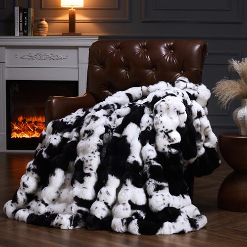 PLUUSHUU Faux Fur Throw Blanket for Couch Fluffy Fuzzy Plush Bubble Blanket Soft Warm Cozy Shaggy Rabbit Blanket Luxury Decorative Gifts for Sofa Bedroom Living Room 60x50inch (Cow Print-Black)