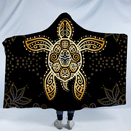 Sleepwish Turtle Hooded Blanket Boys Men Sherpa Fleece Wearable Blanket Gold Mandala Camping Blankets with Hood (Adults 60