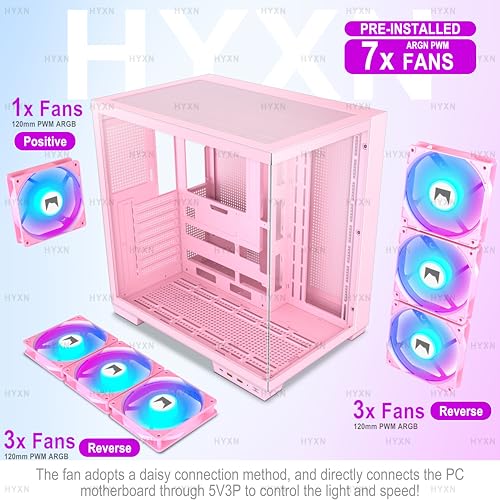 Image of H1 HYXN ATX PC Case - Pre-Installed with 7 PWM ARGB Fans - Dual Cavity Mid-Tower PC Gaming Case - with Type-C - Can Hold up to 3X 360mm Radiator Support simultaneously (Pink, H1)
