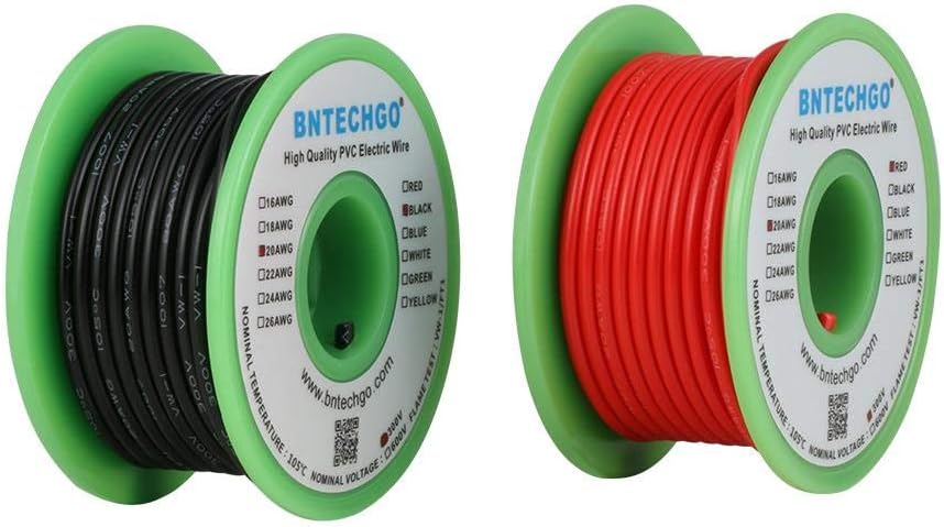 BNTECHGO 20 AWG 1007 Electric Wire 20 Gauge PVC 1007 Wire Solid Wire Hook Up Wire 300V Solid Tinned Copper Wire Red and Black Each Color 25 ft Per Reel for DIY