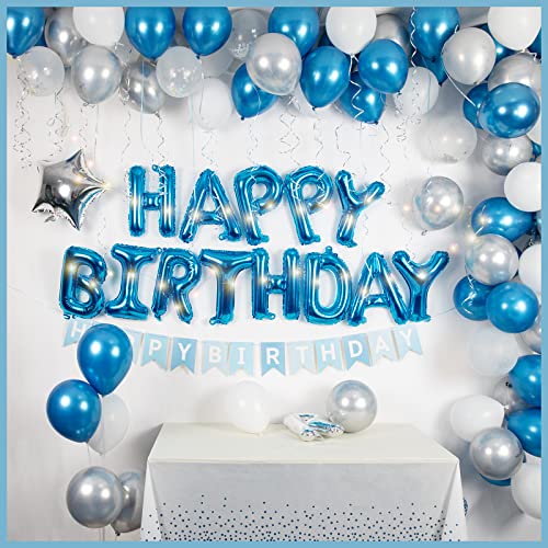 ZELAXY Ensemble de décorations de fête de joyeux anniversaire bleu et argent Ballons en feuille d'étoile ballons en latex bleu blanc ruban doré bannière de joyeux anniversaire ballon Cover
