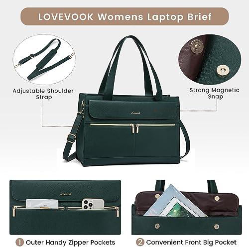 Image of LOVEVOOK Laptop Bag for Women 15.6 Inch Tote Work Professional Leather Computer Briefcase Waterproof Handbag Shoulder Large Capacity Business Teacher Office Crossbody Purse, 131# Dark Green