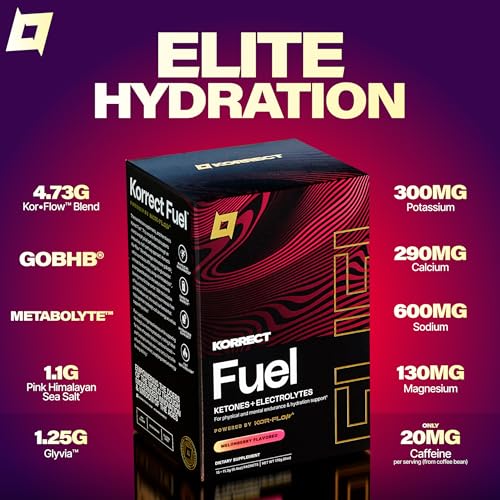 Image of Korrect Fuel Ketone Electrolyte Powder | Hydration, Focus, & Energy Support | Gluten Free, Sugar Free, Zero Calories | 15 Single-Serve Packets, Melonberry