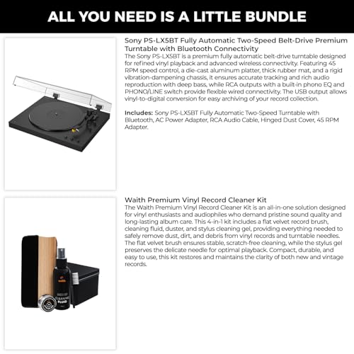 Image of Sony PS-LX5BT Fully Automatic Two-Speed Belt Drive Turntable - DC Servo Motor, 33-1 /3 & 45 RPM, Bluetooth & RCA Output, Aluminum Platter and Tonearm with Waith Premium Vinyl Record Cleaner Kit, Bundle