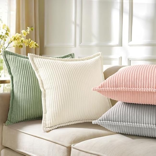 decorUhome Corduroy Cream White Throw Pillow Covers 18x18 Set of 2 Decorative Soft Boho Striped Neutral Euro Farmhouse Couch Pillow Covers with Broadside for Living Room Bed Sofa