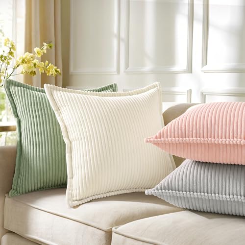 decorUhome Corduroy Sage Green Throw Pillow Covers 16x16 Set of 2 Decorative Soft Boho Striped Neutral Euro Farmhouse Couch Pillow Cases with Broadside for Living Room Bed Sofa