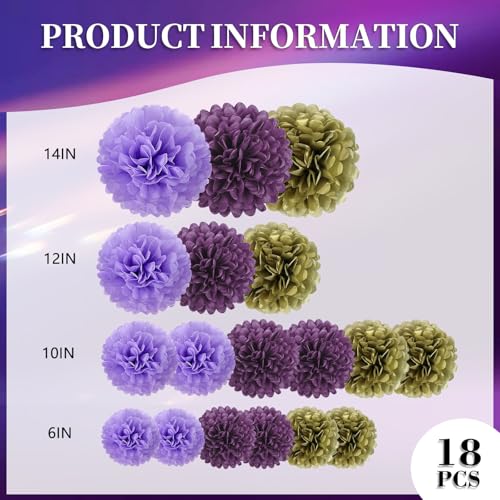 Image of 18 PCS Tissue Paper Pom Poms, Tissue Pom Poms Flowers, Sizes of 6 inch, 10 inch, 12 inch, 14 inch Hanging Paper Flower Ball for Wedding, Birthday, Halloween, Christmas, Baby Shower Party Decor (Gold Purple)