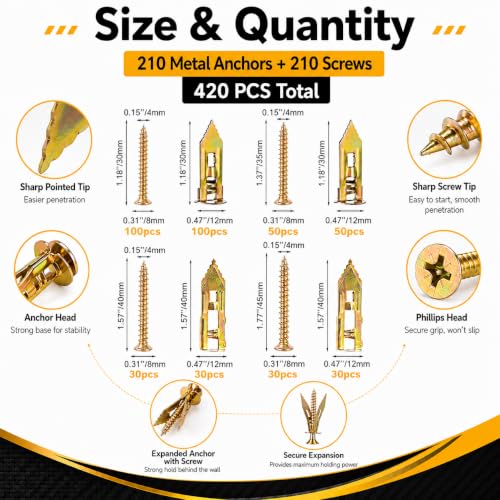 Image of Jyphorixal 420Pcs Self Drilling Drywall Anchors with Screws Kit,Zinc Plated Steel,4 Sizes Expansion Screws and 2 Sizes Wall Anchors,No Drill Dry Wall Anchors and Screws Kit