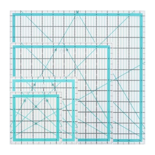 LDXDRU 4 Pack Square Quilting Ruler(4.5/6/9.5/12Inch), Sewing Acrylic Ruler with Colored Grid Line, Non Slip Patchwork Sewing Ruler Fabric Cutting Ruler for Sewing Crafts Template Precise Cutting