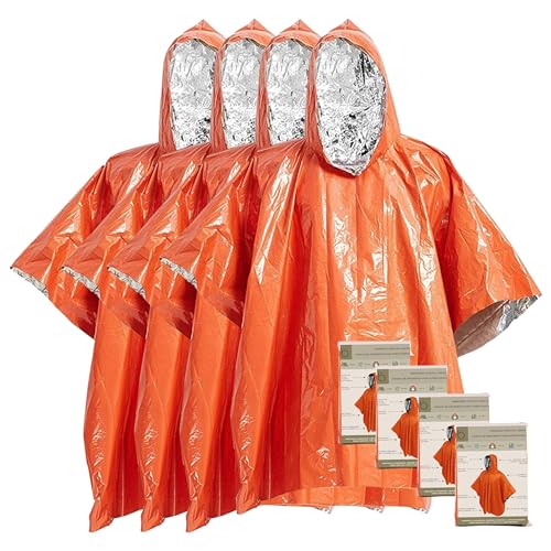 UABA Poncho térmico de emergencia – Pack de 4 reutilizable con capucha – impermeable – para coche, montaña, supervivencia y primeros auxilios