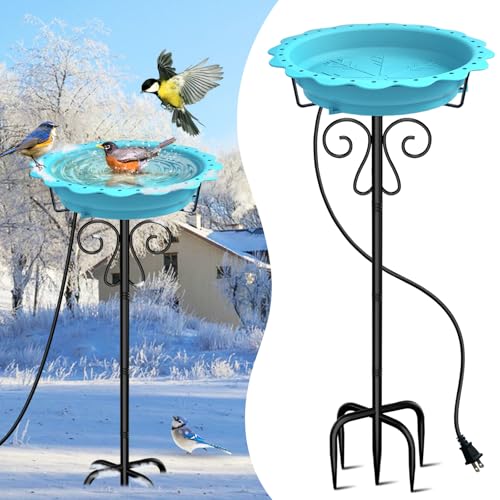 Jvgoo Heated Bird Bath for Outside Winter, Powerful 100W Thermostat Control Heated Bird Baths for Outdoors with 5-Prong Metal Stake, Heated Birdbath Water Heater for Garden Yard Patio Lawn (Blue)