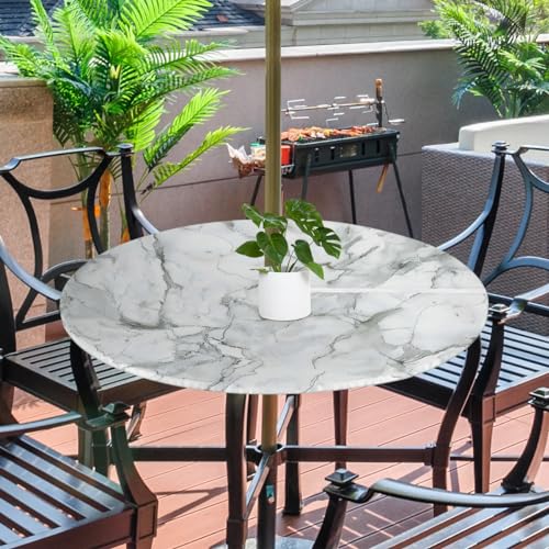 Tablerazzi Marble Round Outdoor Tablecloth with Umbrella Hole and Zipper Grey White Fitted Tablecloth Wipeable Table Cloth for Picnic Garden, 36''-44''