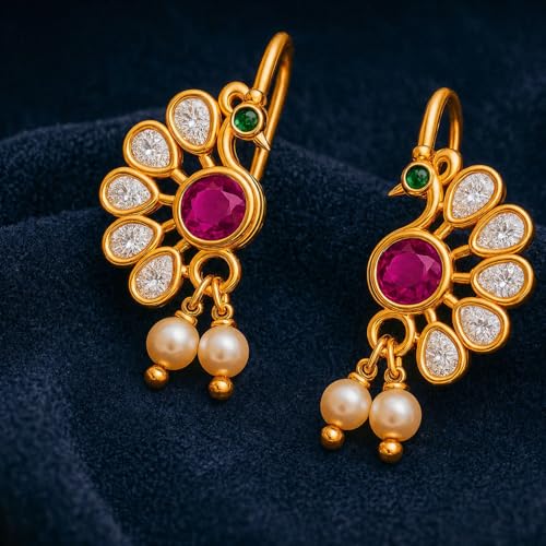 Image of VAMA FASHIONS 18K Gold Plated Anti Tarnish Half Moon Peacock Shape Traditional Maharashtrian Press on Bugadi Upper Ear Clip on Earrings For Women & Girls