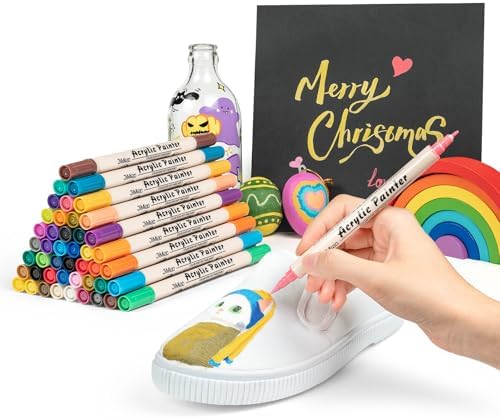 Woomer Premium Acrylic Paint Markers 36 Colors for Rock Painting, Dual-Tip Brush & Fine Tip Markers Pens, Art Supplies, Fabric Paint, Art Markers, Waterproof Paint DIY Crafts Making
