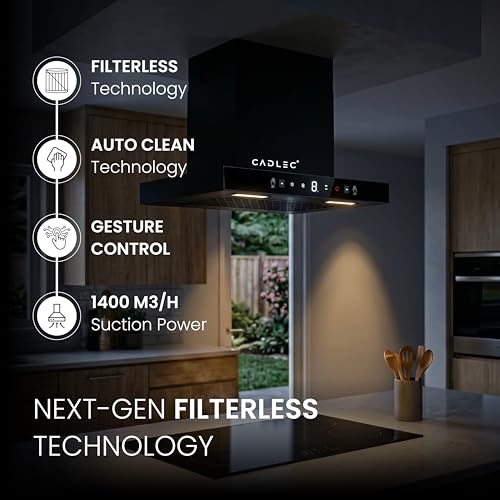 Image of Cadlec PeakFlow 60cm Filterless T-Shape Kitchen Chimney | 1400 m /hr Powerful Suction | Auto Clean with Oil Collector | Feather Touch + Gesture Control Technology | 20-Year Warranty | Black