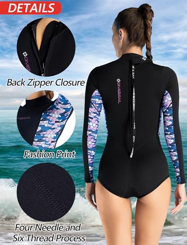 Maeau - Traje de Baño Mujer Bañador de Surf 2mm Shorty de Una Pieza Traje de Baño Snorkeling Manga Larga Protector Sarpullido Neopreno Natación UPF 50+ S Morado - imagen 7