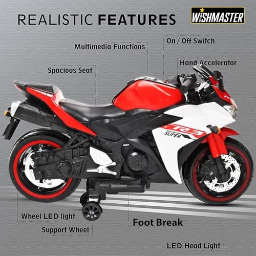 Image of Wishmaster Fully Assembled R3 Bike for Kids Toy with Rechargeable Battery Operated Electric Children Ride on [3 to 8 Years, Large Size] | Birthday Gift for Boys & Girls (Red)