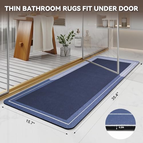 Diatomaceous Earth Bath Mat Super Absorbent Quick Dry Diatomite Stone Bath Mat Non Slip Shower Mat Thin Bathroom Mat Fit Under Door, Bathroom Floor Mat for in Front of Bathtub Showe,15.7"x35.4",Blue - Image 2