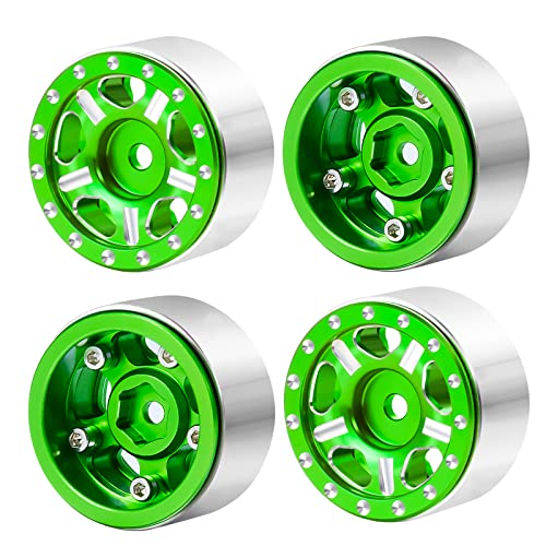 Que-T 4pcs Metal Beadlock Wheel Rims Hubs for RC Axial SCX24 AXI90081 Deadbolt AXI00001 AXI00002 1/24 Crawler Car (Green)