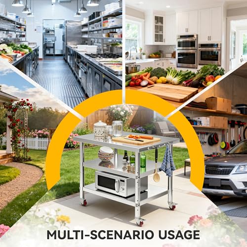 Image of DWVO 30x24in Stainless Steel Table with Wheels & 2 Adjustable Shelves | NSF Metal Prep Worktable for Kitchen Restaurant Hotel Garage Warehouse Home Commercial