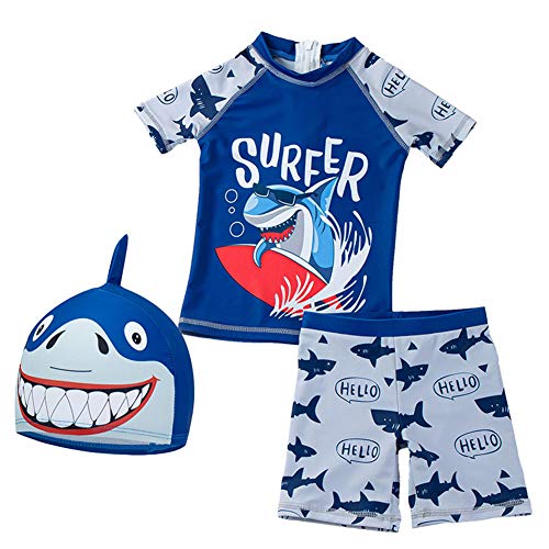 Toddler Boys UPF 50+ Swim Set with Short Sleeve Rashguard Sun Shirt and Shark Print Boardshorts Swimsuits (Navy Shark, 2-3T)