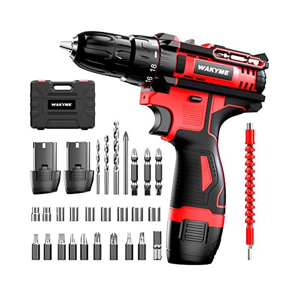 WAKYME Akkuschrauber 12,6 V Bohrmaschine 30 Nm, 18 + 1-Kupplung, 3/8"Keyless Chuck, Variable Geschwindigkeit und Eingebauter LED-Elektroschrauber mit 2 1500-mAh-Batterien Kabellose Bohrschrauber