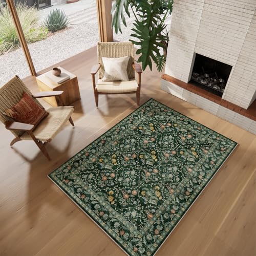 Image of Vintage Botanical Dark Green Area Rug 4x6 Elegant Floral Pattern, Durable Stain-Resistant Fabric, Perfect for Living Room, Bedroom, Dining Room Decor