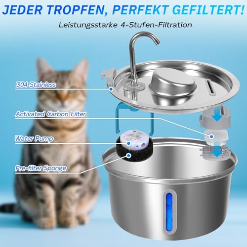 XUNIVERS Katzenbrunnen Edelstahl Trinkbrunnen für Katze:3.2L Trinkbrunnen für Katze Edelstahl,Haustierbrunnen für Kleine Hunde,Mehrschichtiges Filtersystem mit Aktivkohlefilter mehrere Filtration