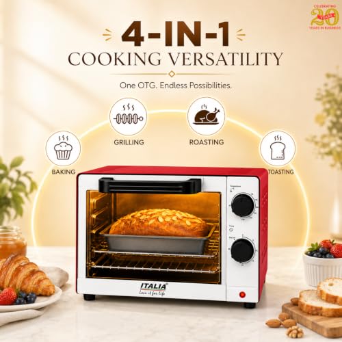 Image of ITALIA 9L Oven Toaster Griller (OTG) - 1000W Electric Oven for Baking, Toasting & Grilling | Top & Bottom Heating, 90C-230C Temp Control, 30-Min Timer with Stay-On, Fits 9-Inch Pizza | Signature Red
