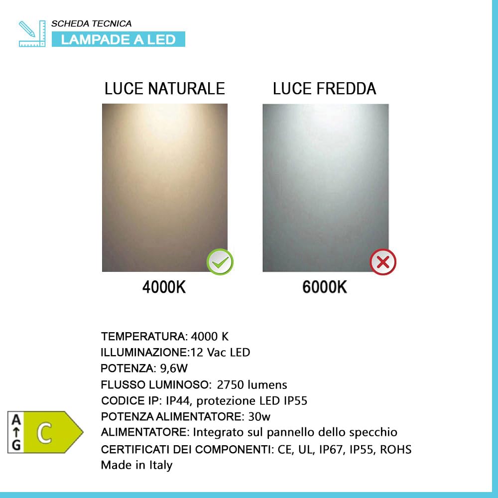 Inbagno Specchio ovale LED 62x110 cm con illuminazione perimetrale e installazione reversibile, a filo lucido con spessore 4 mm
