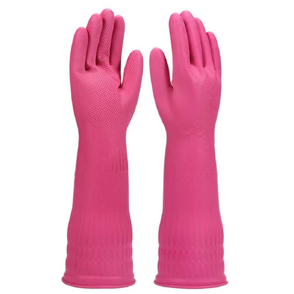 Reusable Long Rubber Cleaning Gloves – Extra Long Cuff, Non-Slip Grip, Waterproof Household Gloves for Dishwashing, Laundry & Cleaning (Pink)