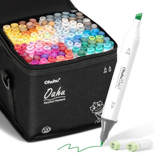 Ohuhu Alcohol Based Art Markers - Double Tipped Coloring Marker Set for Adults Coloring Students Beginners Sketching Illustration - 120 Colors - Chisel & Fine - Oahu of Ohuhu Markers - Refillable Ink