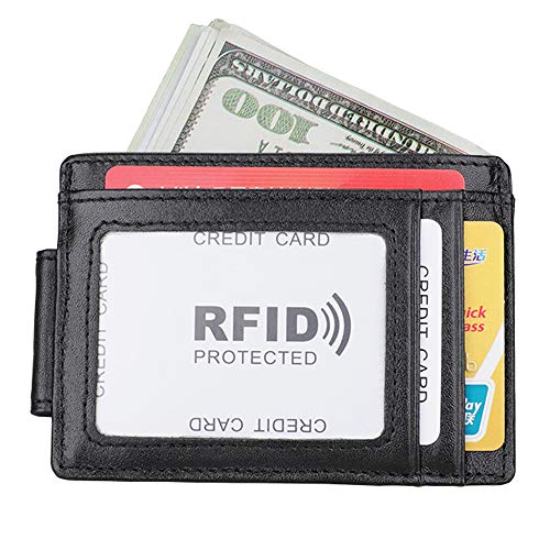Slim Front Pocket Wallet Money Clip Leather RFID Blocking Pass Cases for Mens (Black)