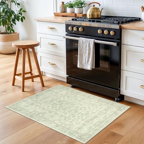 2x3 Sage Green Washable Rug Soft Area Rug for Entryway, Non-Slip Indoor Door Mat Distressed Floral Low-Pile Kitchen Rugs, Neutral Vintage Carpet for Entrance Kitchen Bedside Farmhouse