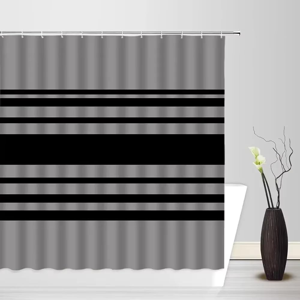KELAIMI Simple Striped Shower Curtain - Modern Geometric Horizontal Stripe Bathroom Curtain with Hooks - Farmhouse Aesthetic Waterproof Bath Curtain Color 4 180X200Cm