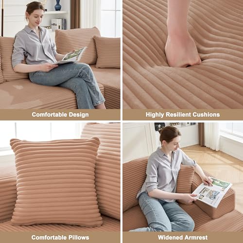 Image of Mangodan 110 inch Cloud Sectional Couch, Boneless Sofa for Living Room, Modular Sectional Sofa with Deep Seat, Comfy Fluffy Couch with L-Shaped Chaise, No Assembly Required (Right-Facing Chaise, Camel)