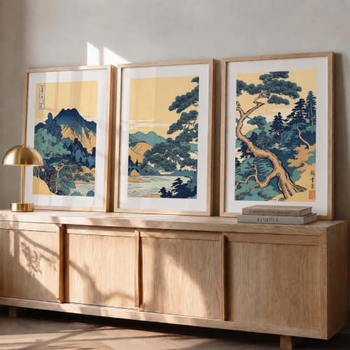 Image of kotart Japanese Nature Art View Framed Poster | Big Aesthetic Nature Art Wall Framed Posters for Living Room Bedroom Wall Decor Set Of 3 (14x20 Inch)