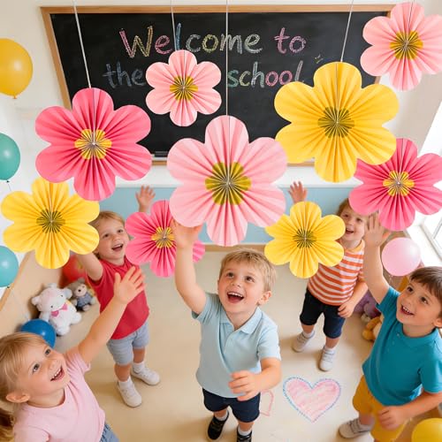 Image of SUNBEAUTY Paper Flowers Decorations for Wall Gold Flower Party Decorations Hanging Fans Floral Backdrop Decor Mothers Day Birthday Wedding Baby Shower Decoration Wall Set of 9