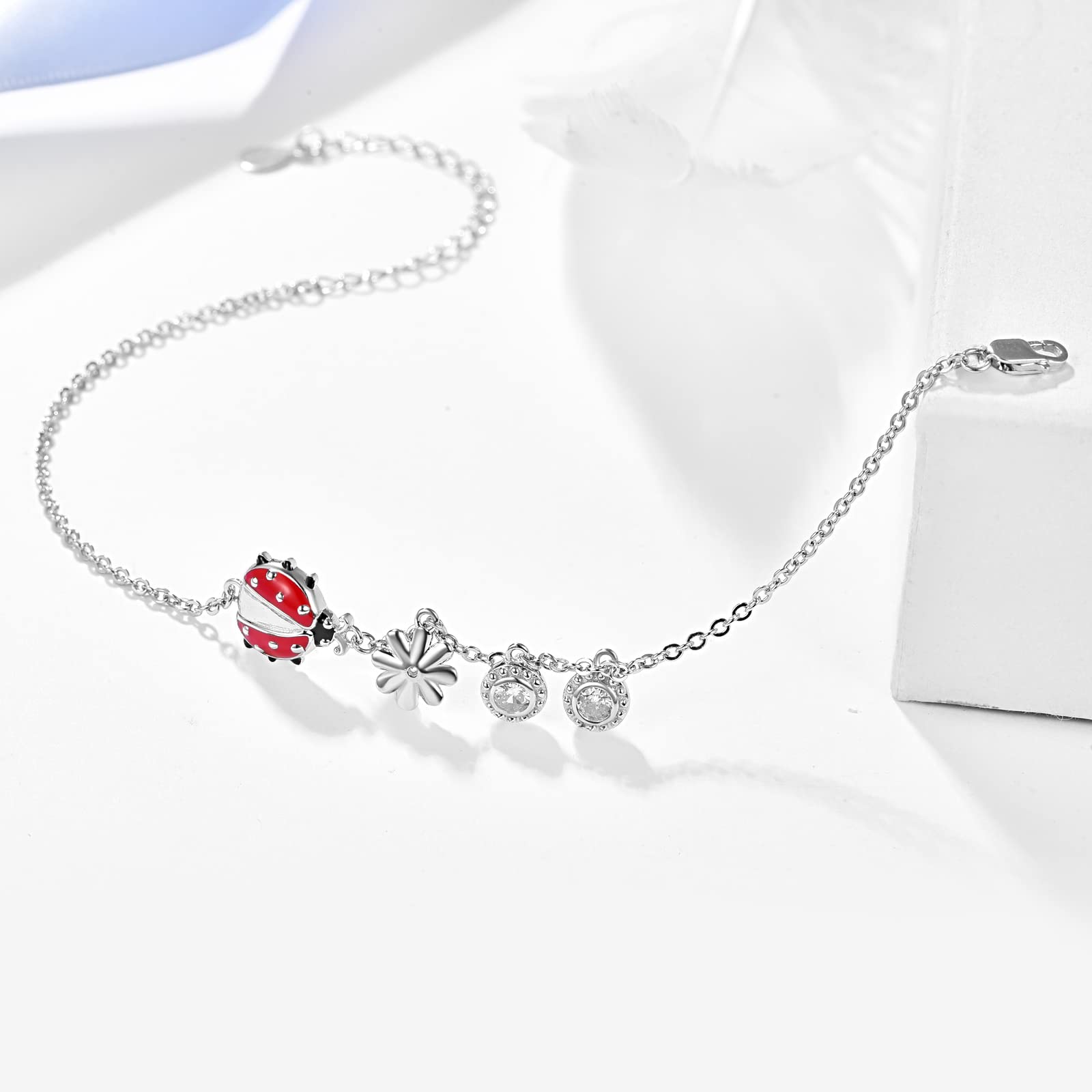 Bracciale con coccinella Regali Red Ladybug Macchie nere in argento sterling 925 Ladybug gioielli per ragazze donne insetti amanti Argento