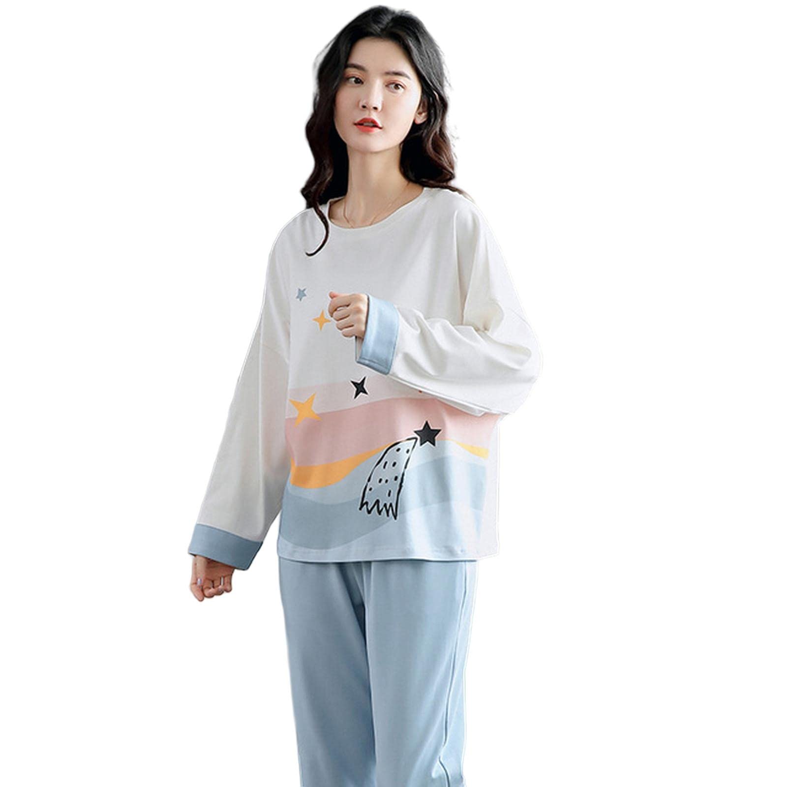 MOGSA Pijama para mujer, primavera, otoño, de algodón, elegante, floral, conjunto de ropa de dormir, pantalones a cuadros, pijama para mujer, hogar, W25, 4Xlasian (90-100 kg)