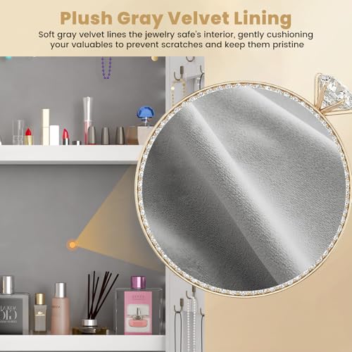 Image of Mirror Jewelry Cabinet, 47.24 inch Tall Lockable Wall Mounted Jewelry Armoire Organizer with Mirror and Magnetic Light, Christmas Gift, Jewelry Storage with Adjustable Shelves