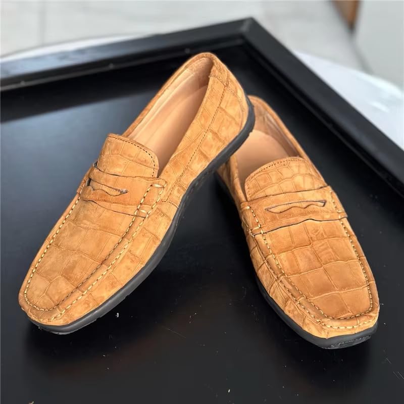 Nubuck Crocodile Leather Men's Camel Moccasins Gommino Alligator Leather Male Slip-on Soft Flats Shoes2
