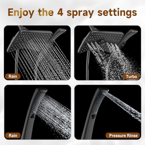 Image of BRIGHT SHOWERS High Pressure Dual Shower Head Combo with Rainfall & Handheld, 4 Spray Settings, Tool-Free Installation, 60 inch Stainless Steel Hose, Matte Black