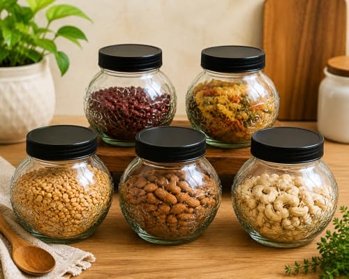 Image of Designer Transparent Glass Storage Jar with Black Plastic Airtight Lid, 900 ML Food Grade Kitchen & Pantry Storage Container, Size 8 X 14 X 14 cm, Ideal for Pulses, Dry Fruits, Pack Of 5